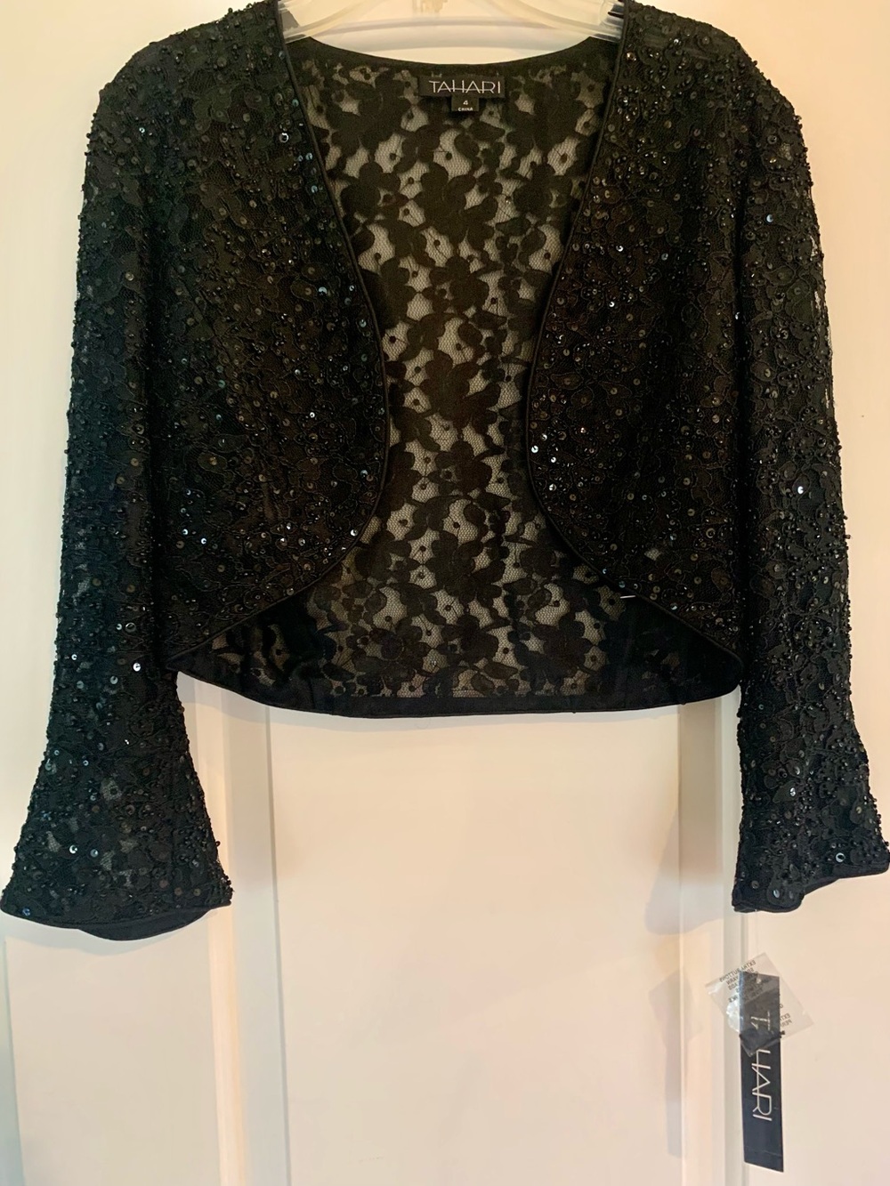 Tahari Black Sequin Lace Bolero Jacket